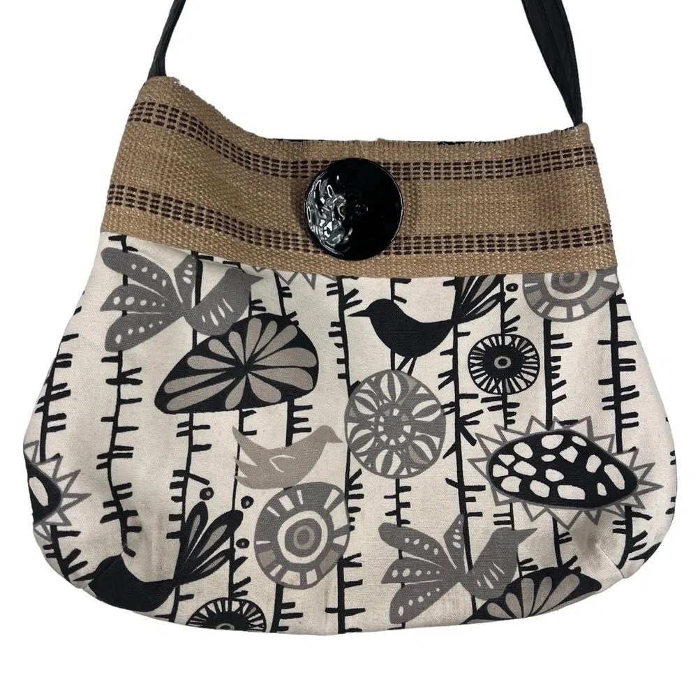 HARVESTSEWN Fabric Bag | Leather Strap | Black Bird Novelty Print